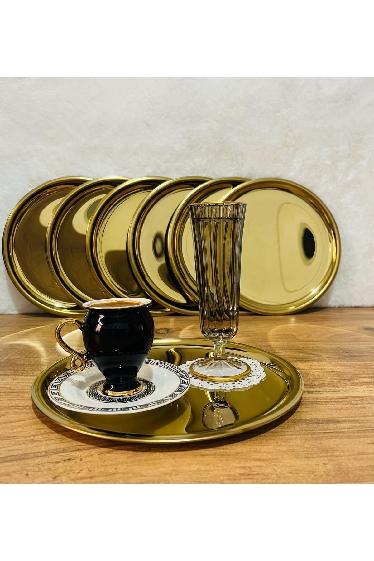 BİMOTE 6'lı Gold Paslanmaz Çelik 20 cm Yuvarlak Çay, Kahve, Pasta Servis Tepsisi Dekoratif Sunum Tepsisi