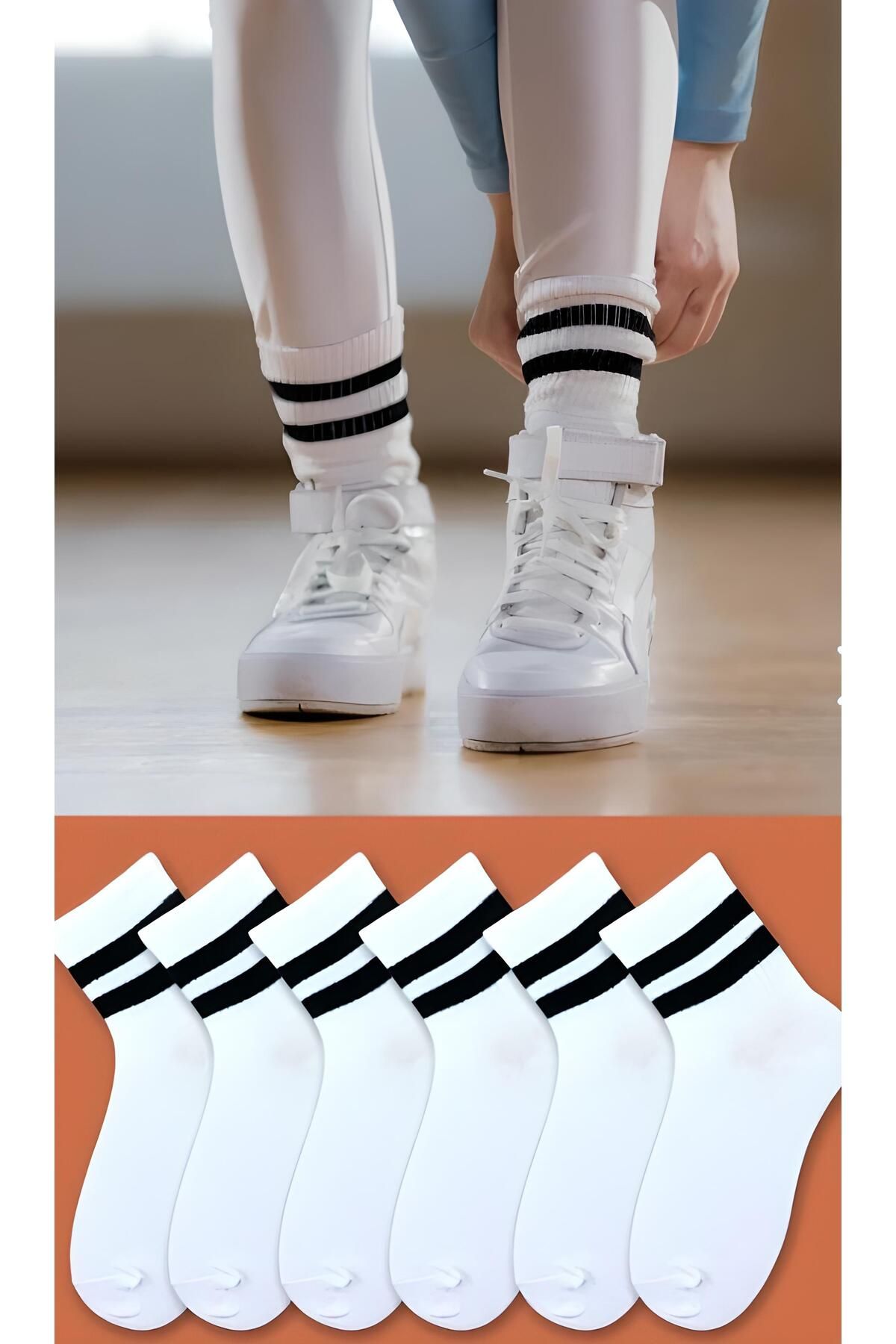 Ballet Unisex Beyaz Çizğili Kolej Çorap 6'lı (Pamuk)