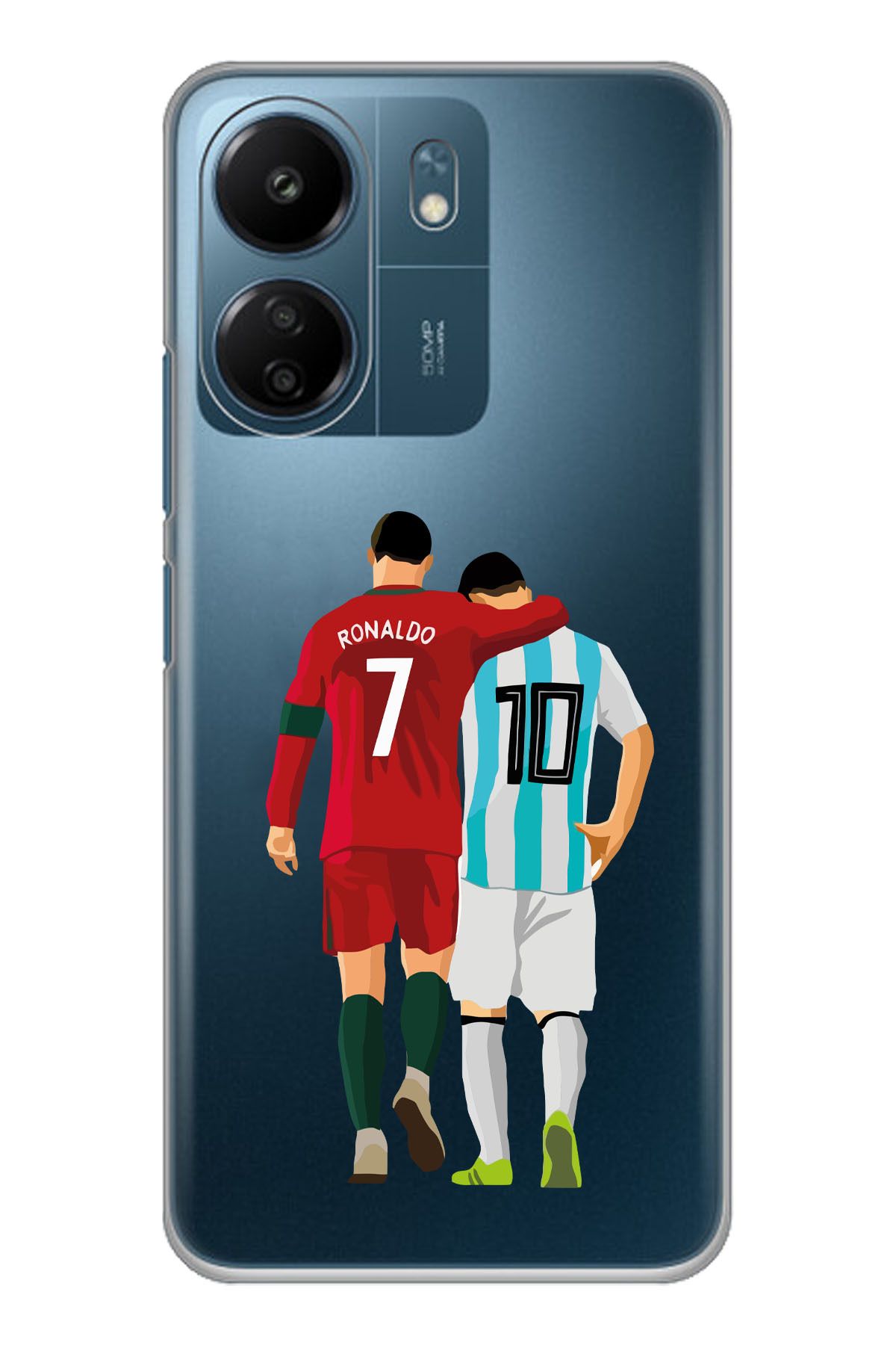 Magic Ring Xiaomi Redmi 13C Uyumlu Lionel Messi ve Cristiano Ronaldo Desenli Şeffaf Telefon Kılıfı