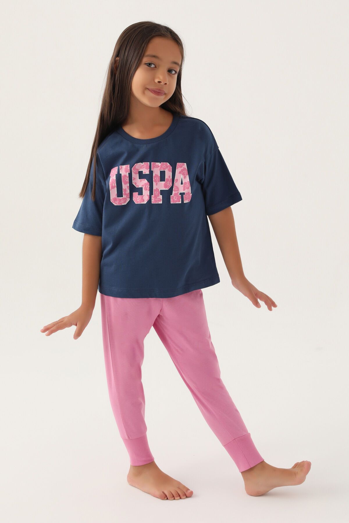 U.S. Polo Assn. U.S. Polo Assn Lisanslı Floral Text Koyu İndigo Kız Çocuk Pijama Takımı