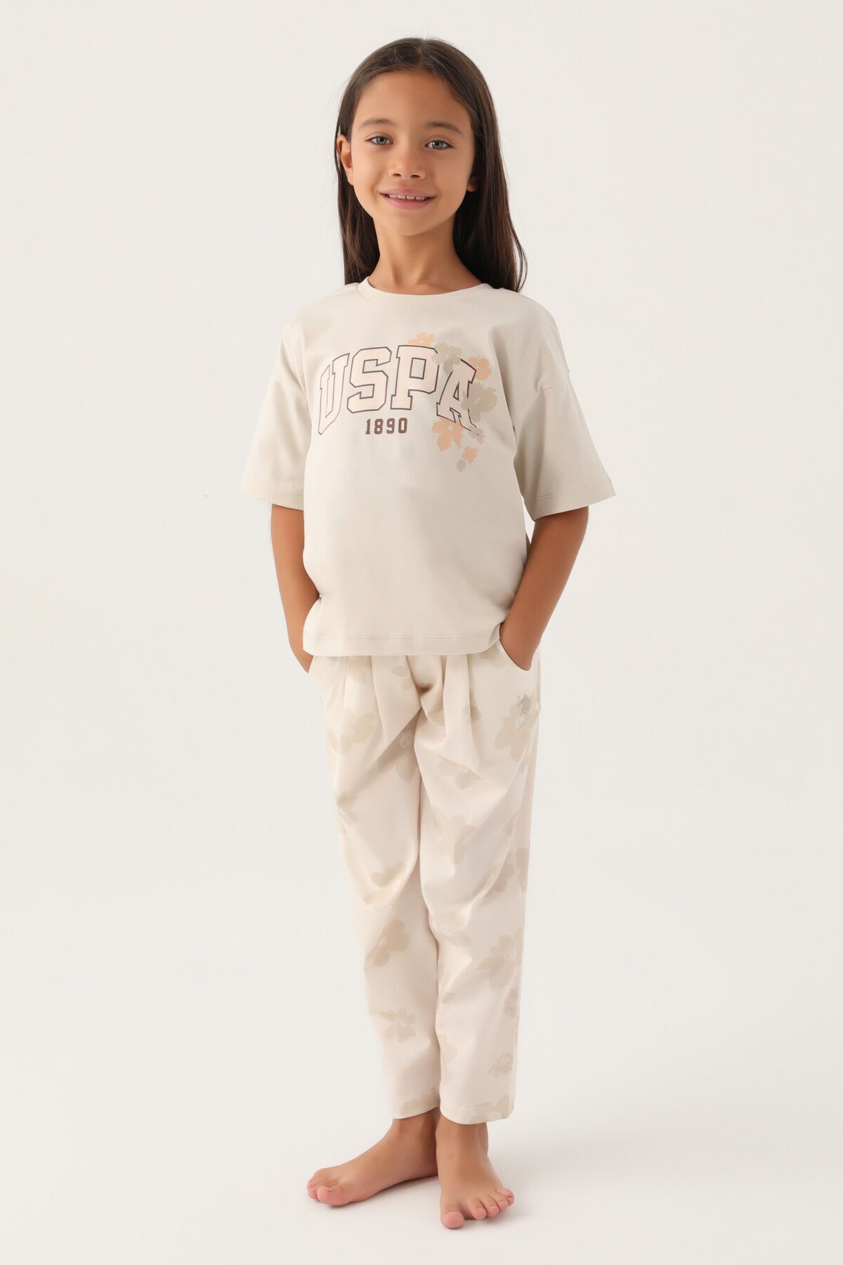 U.S. Polo Assn. U.S. Polo Assn Lisanslı Floral Pattern Bej Kız Çocuk Pijama Takımı