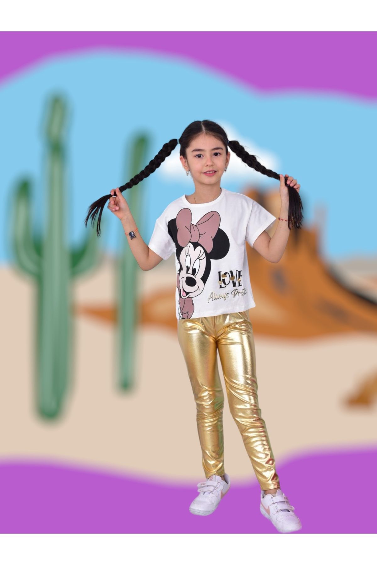 Lolliboomkids Yeni Sezon Kız Çocuk Metalik Dore Altın Renk Taytlı Kısa Kol Mickey Baskı T-Shirt 2'li Takım