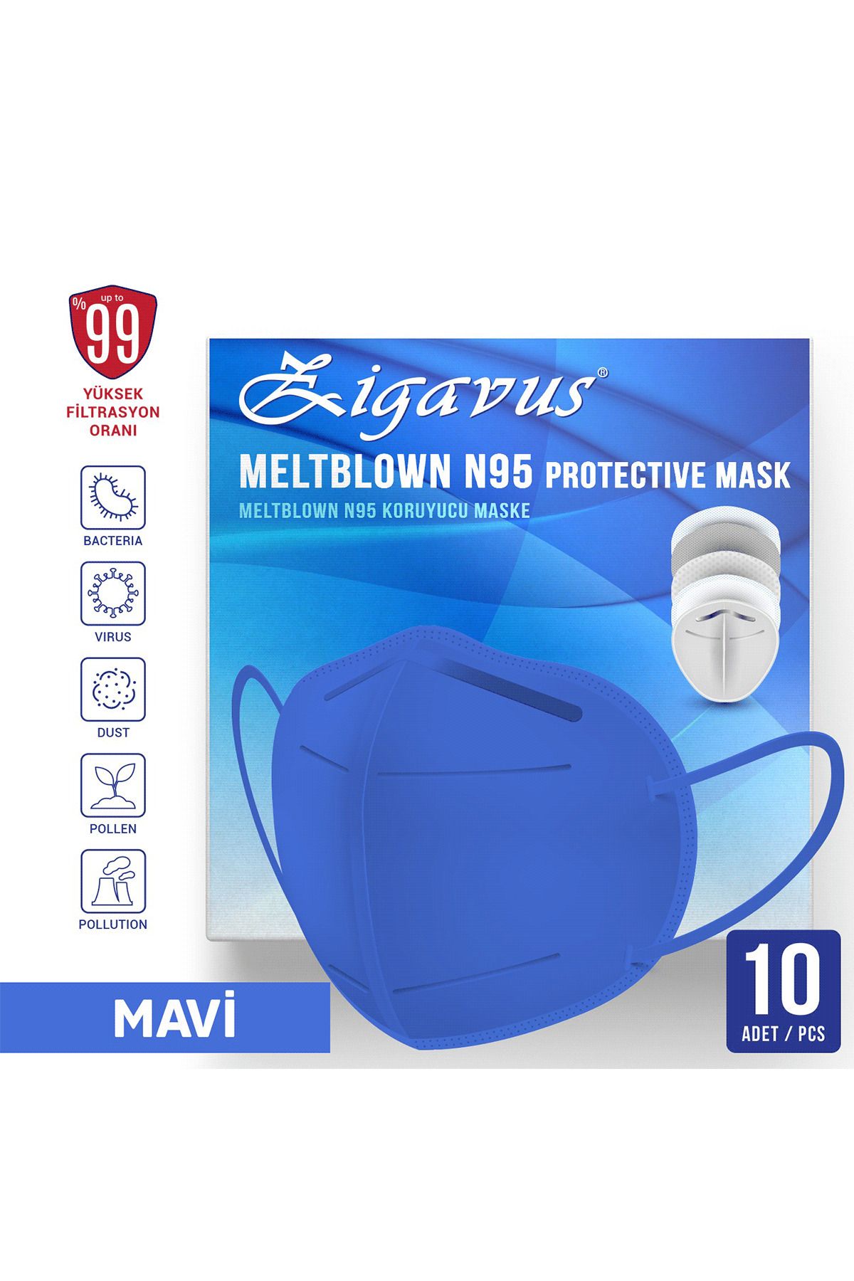 Zigavus N95 Maske Mavi Renk 10 Adet - Ce & Iso Sertifikalı Çift Kat Meltblown Filtreli