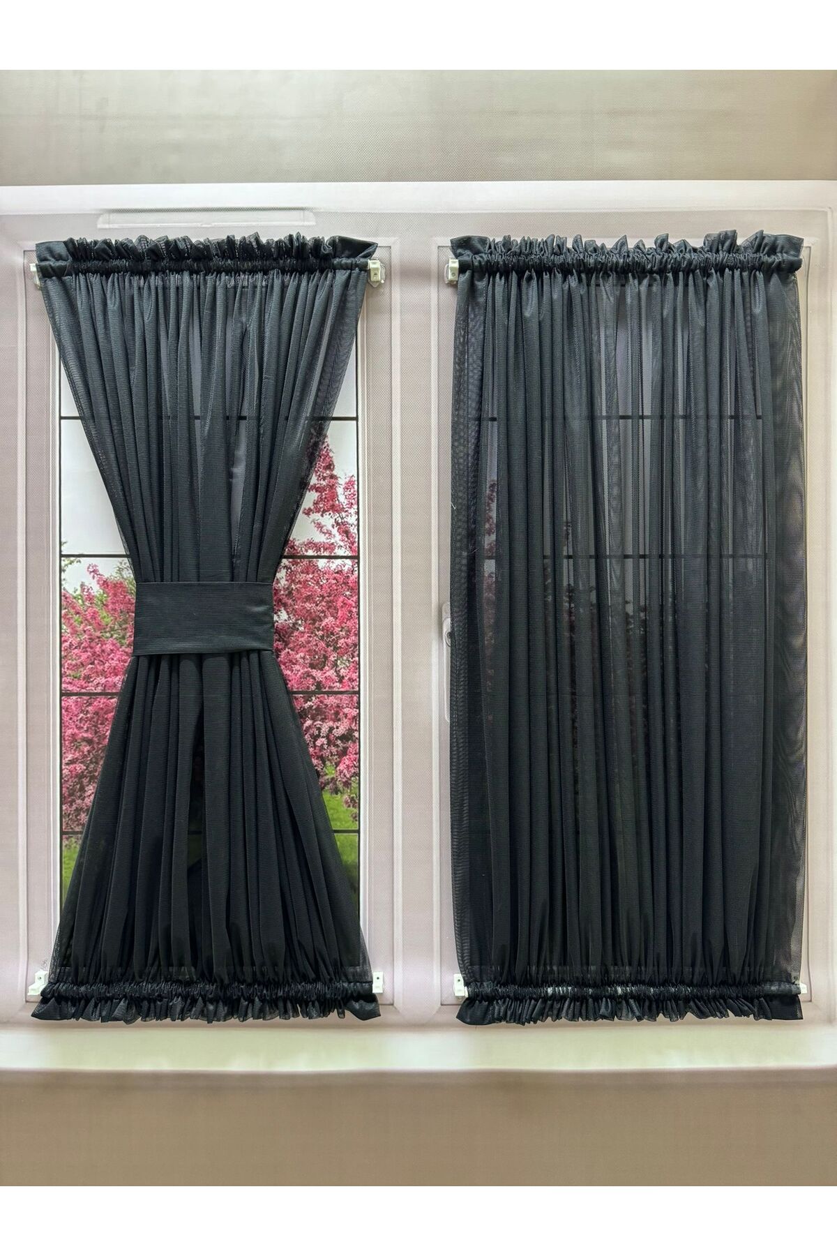 elision home Siyah Kelebek Briz Çubuklu Perde, Mutfak Kapı Pencere içi Tül Perde ( Çubuklar Dahil )