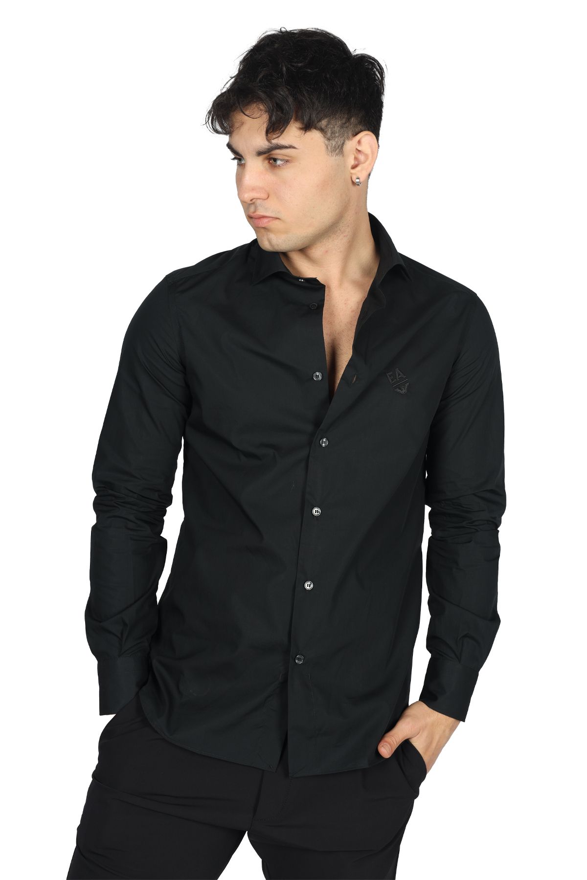 Emporio Armani Erkek Marka Logolu Düğmeli Uzun Kollu Siyah Gömlek 3D1C86 1K2NZ-0999