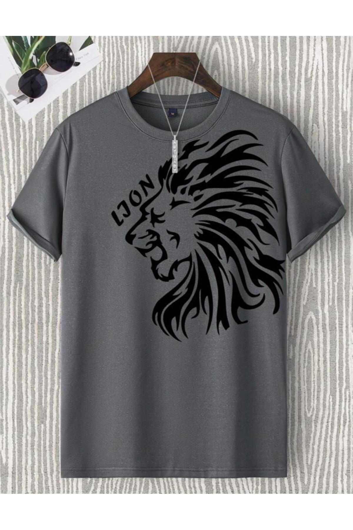 AFROGİYİM Unisex Antrasit Lion Dijital Baskılı Oversize T-shirt