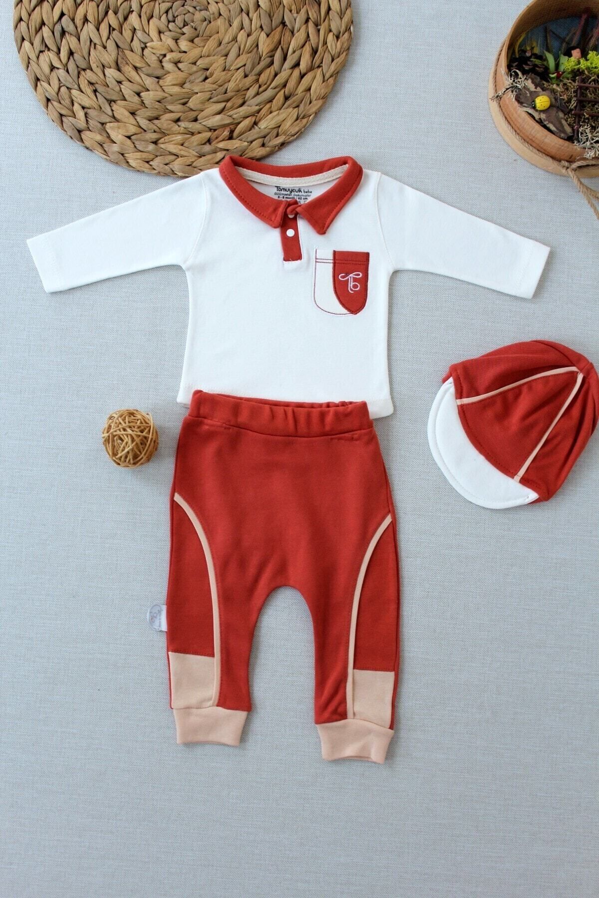 Tomuycuk Erkek Bebek Çocuk Takım Sweatli 3lü Kiremit Yenidoğan Bebek Takımları Kıyafetleri Bebek Giyim