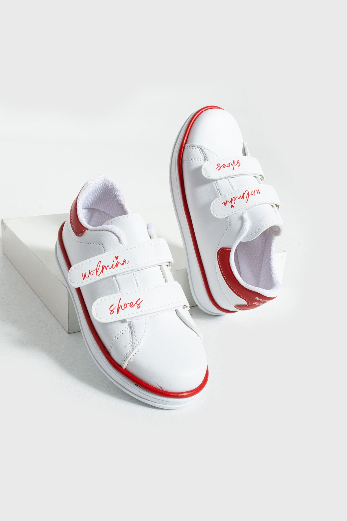 Pembe Potin Çocuk Unisex Beyaz Kırmızı Sneakers Cırtlı Bantlı Günlük Rahat Spor Ayakkabı
