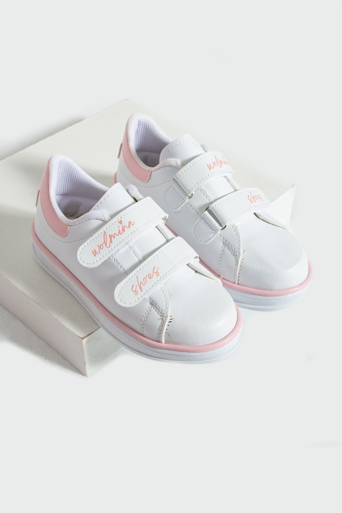 Pembe Potin Çocuk Unisex Beyaz Pudra Sneakers Cırtlı Bantlı Günlük Rahat Spor Ayakkabı