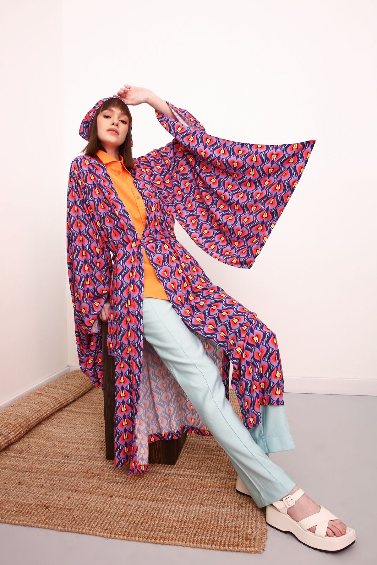 ALLDAY Mor-pembe Bol Kollu Desenli Uzun Kimono