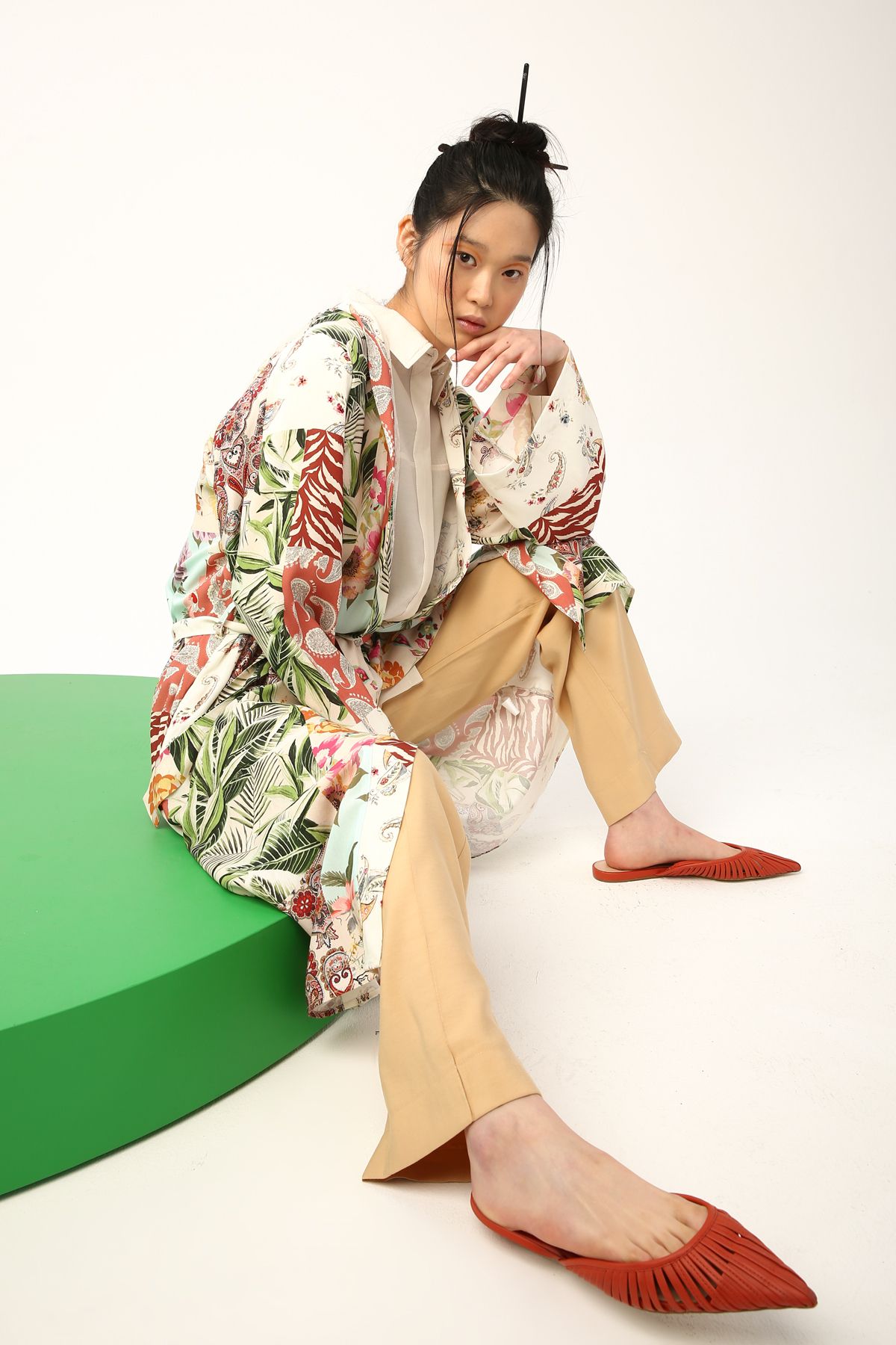 ALLDAY Ekru-gül Cepli Kuşaklı Desenli Kimono
