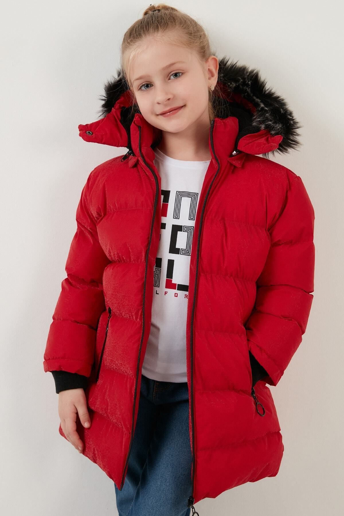 Lela Yakası Suni Kürklü Peluş Astarlı Çıkarılabilir Kapüşonlu Dar Kesim Kışlık Mont Kız Çocuk Mont 5