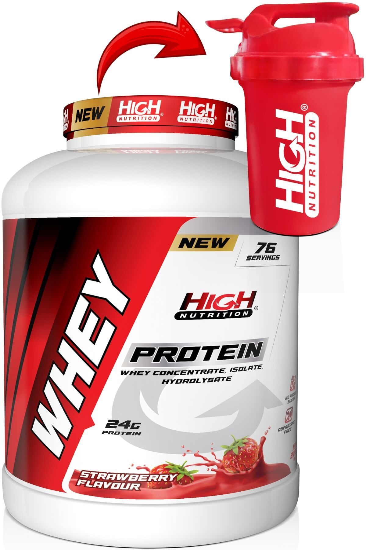 High Nutrition Whey Protein Tozu 2280 Gr Çilek Aromalı Protein Tozu 24 Gram Protein Kas Güç 76 Servis