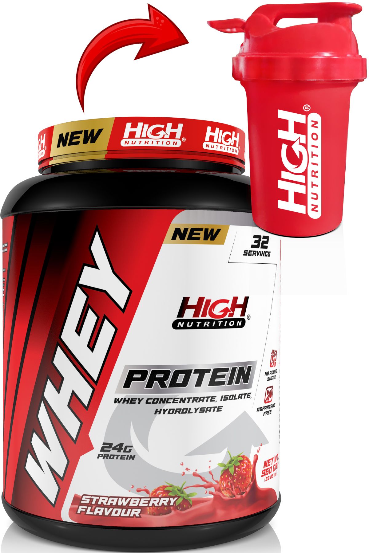 High Nutrition Nutrition Whey Protein 960 gr Çilek Aromalı Protein Tozu 24 Gram Protein 32 Servis