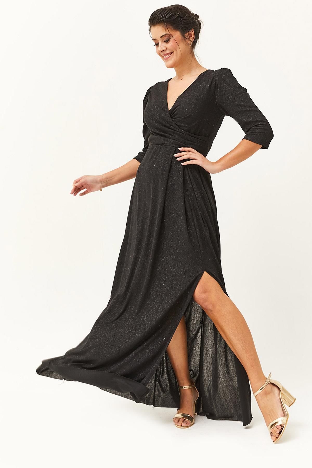 Ebsumu Kadın Büyük Beden Kruvaze Yaka Simli Uzun Siyah Abiye & Gece Elbisesi