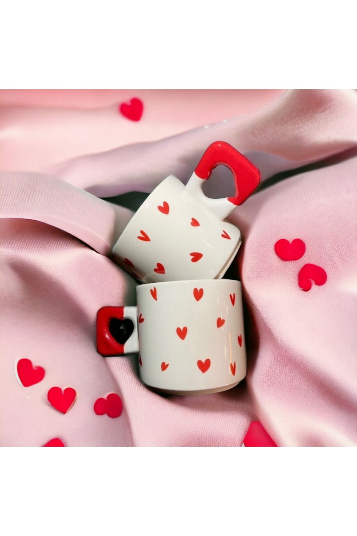 ikiseramik Minimalist 2'li Kırmızı Kalp Desenli El Yapımı Doğal Seramik Kalp Kupa / Mug - Çay & Kahve Fincanı