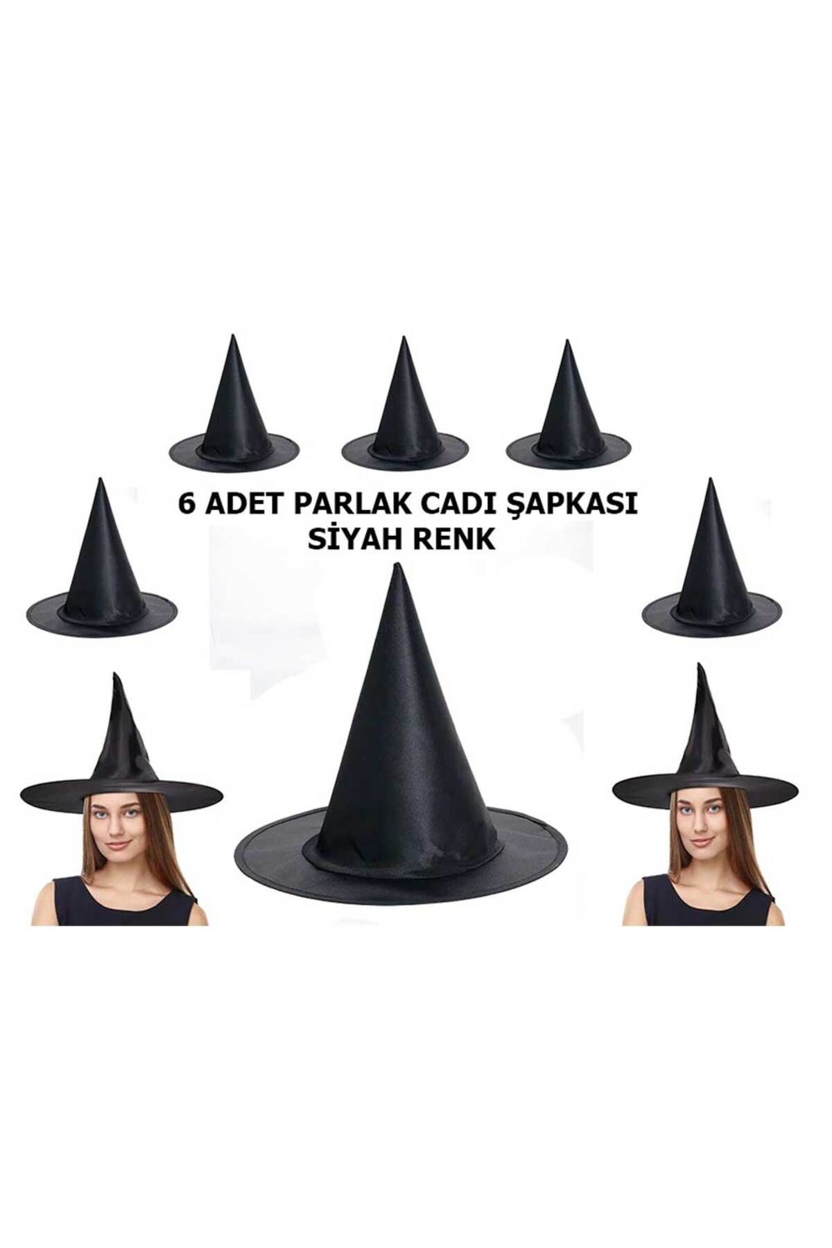 Skygo Halloween Siyah Renk Parlak Dralon Cadı Şapkası Yetişkin ve Çocuk Uyumlu 6 Adet