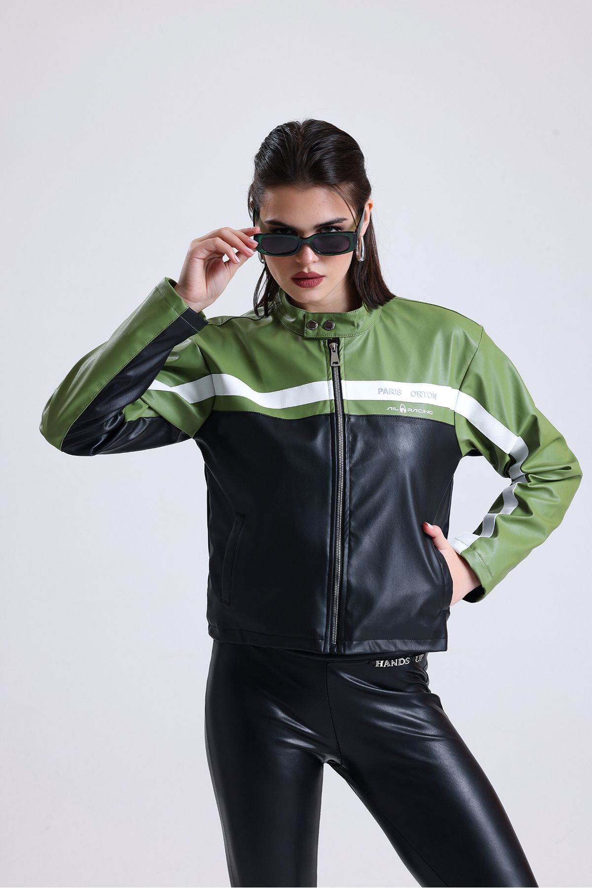 Black Level Kadın Oversize Baskılı Motorcu Ceketi Fermuarlı Kolej Mont Bomber Deri Yarışçı Montu Yeşil