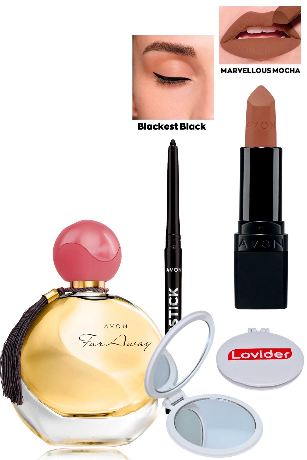 Avon Far Away Kadın Parfüm + Siyah Göz Kalemi + Marvellous Mocha Mat Ruj + Lovider Cep Aynası