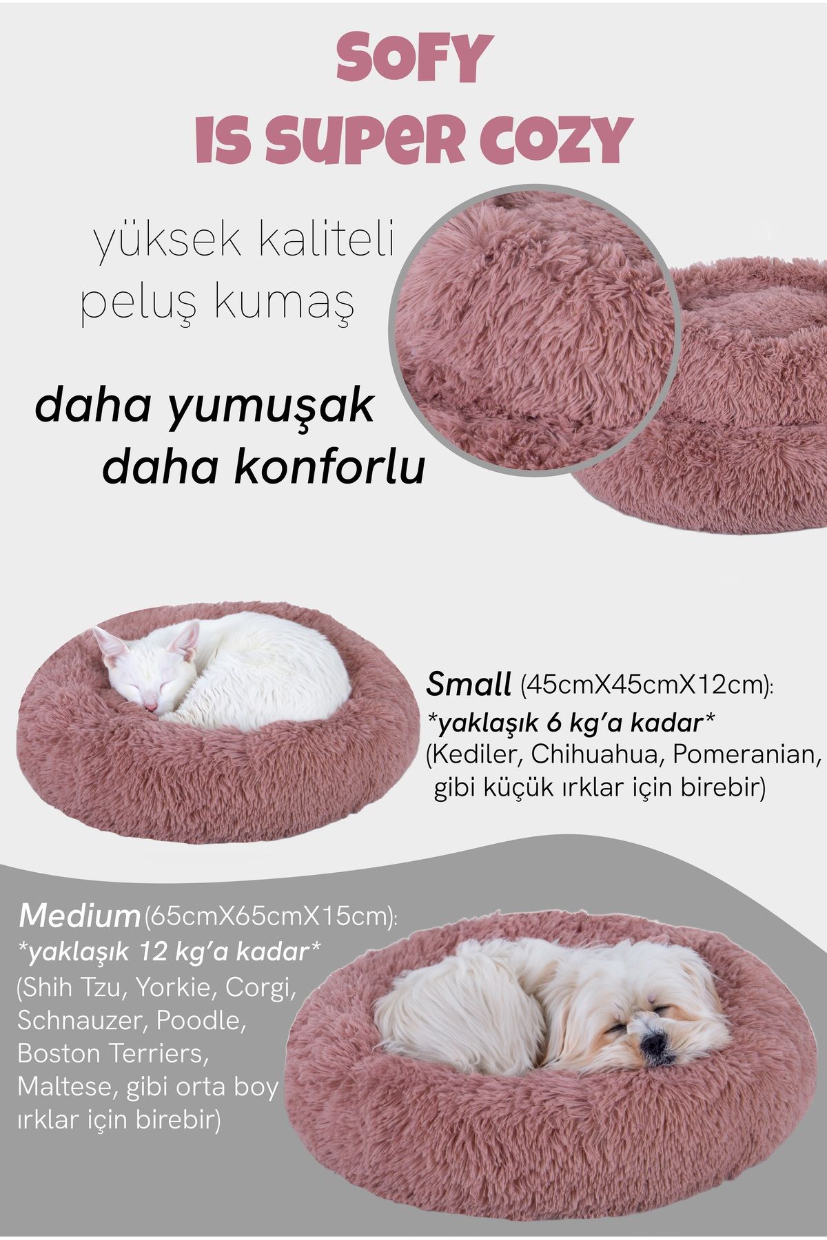 Jungolica Pet Products Sofy, Donut Şeklinde Sakinleştirici Etkili, Yüksek Kaliteli, Peluş Kedi Ve Köpek Yatağı (GÜL KURUSU)