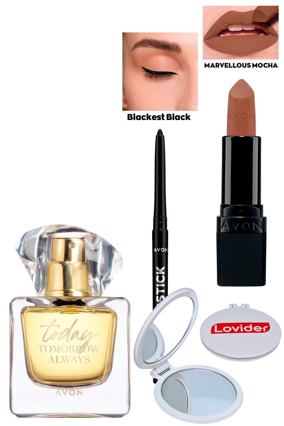 Avon TTA Today Kadın Parfüm + Siyah Göz Kalemi + Marvellous Mocha Mat Ruj + Lovider Cep Aynası