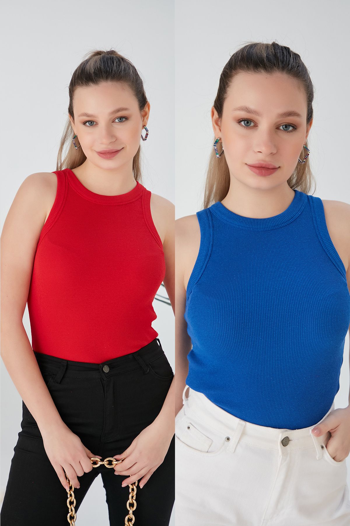 CATSPY Kırmızı Saks Mavi Zargo Model 2'li Set Fitted Geniş Biyeli Halter Yaka Fitilli Esnek Örme Crop Bluz