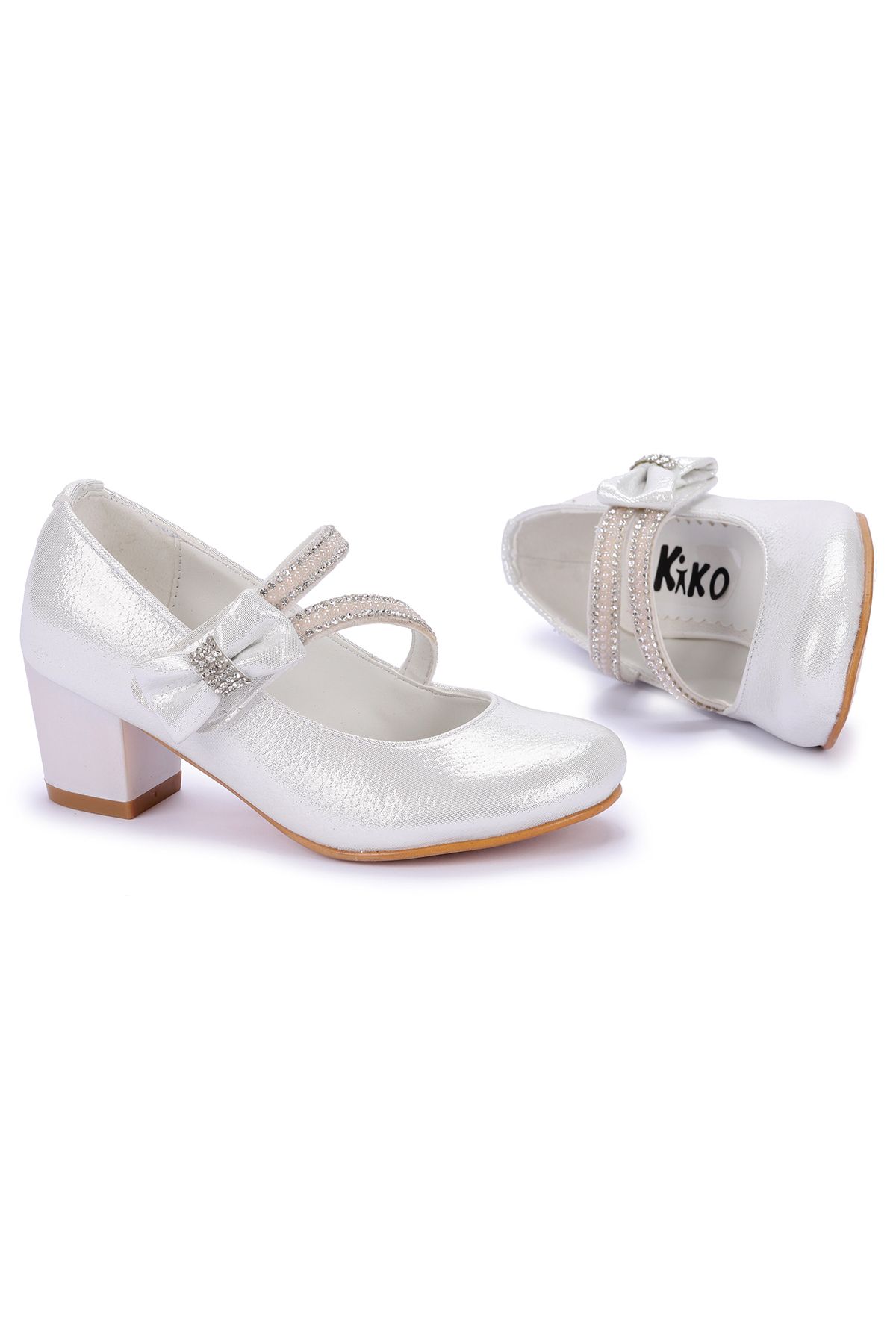 Kiko Kids Kız Çocuk Beyaz Simli Taşlı Babet Ayakkabı