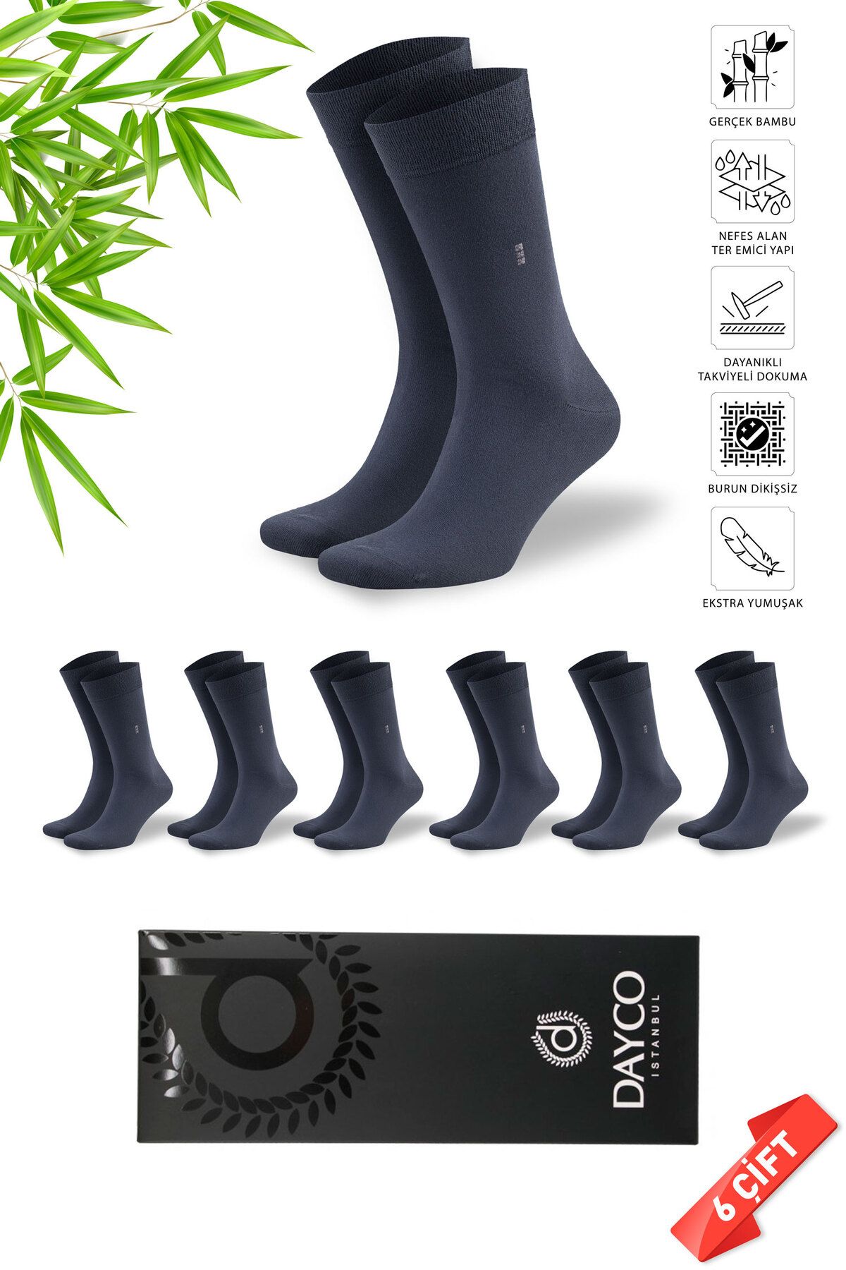 DAYCO Premium Dikişsiz Klasik Uzun Füme Yazlık Erkek Bambu Soket Çorap 6lı Hediyelik Kutulu Set