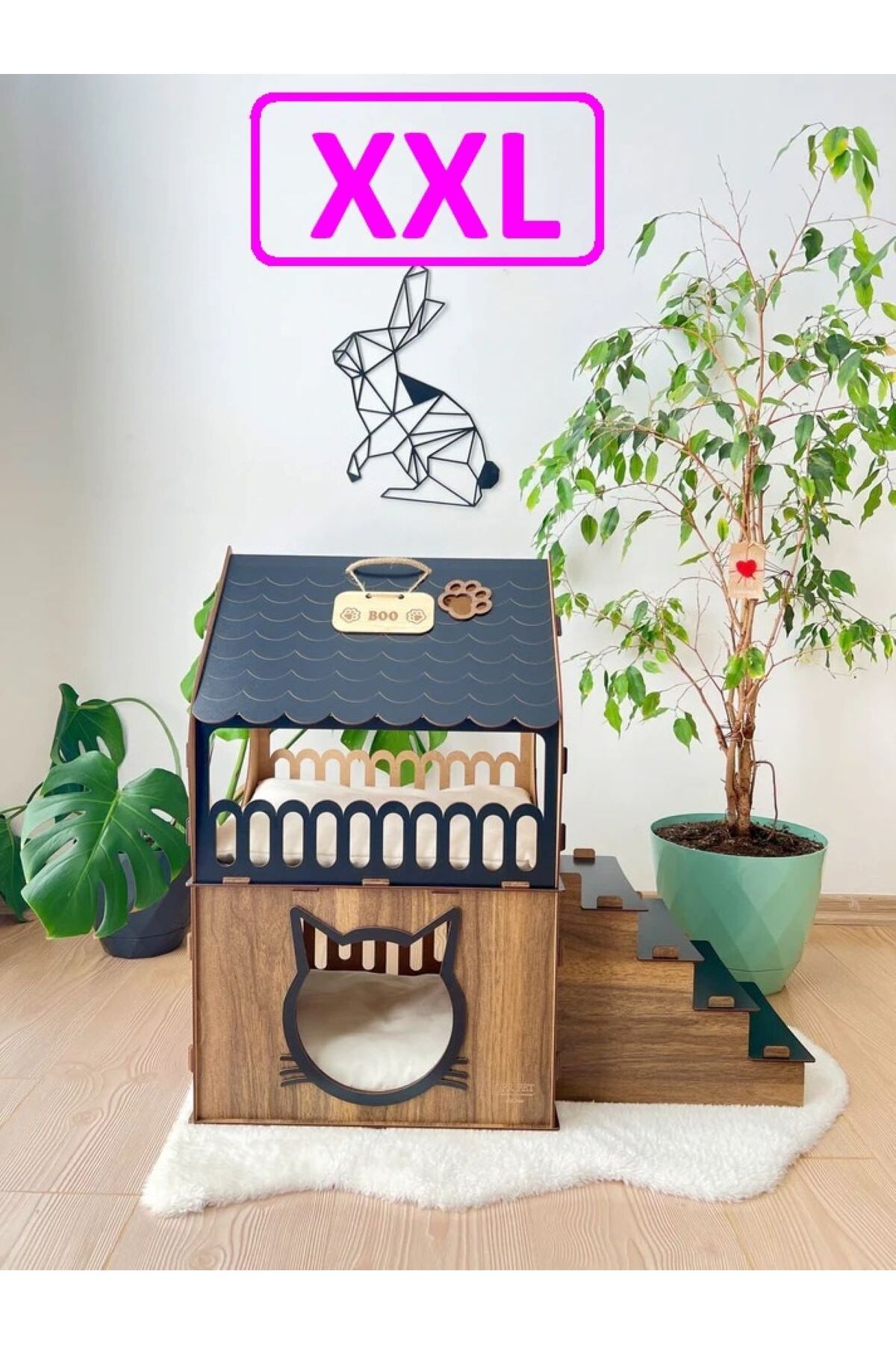 HOBİCİM Büyük Kedi Evi Xxl Teraslı Minder Ve Tasma Hediyeli Kedi Evi - Köpek Kulübesi ( Tesbih-siyah)