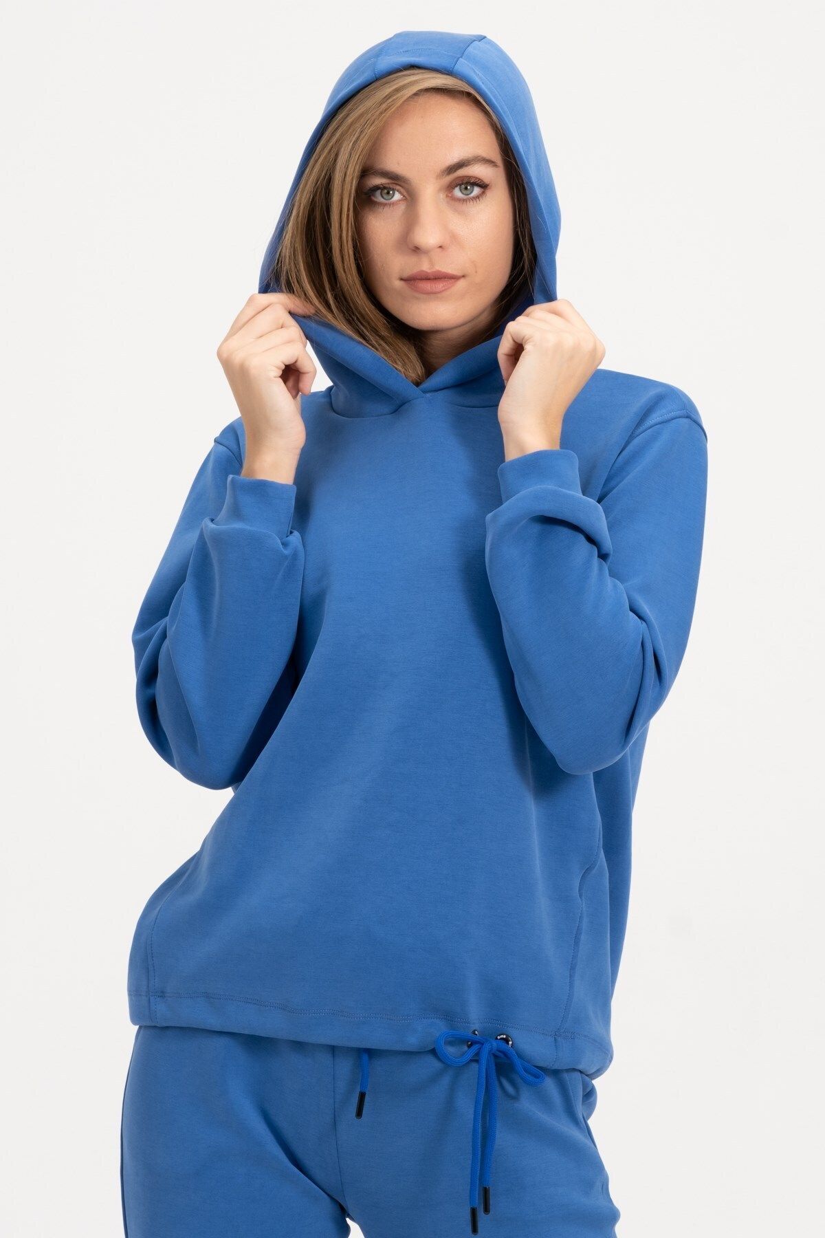 Rich Kadın Kapüşonlu Mavi Sweatshirt Ve Eşofman Takımı Scuba Kumaşı