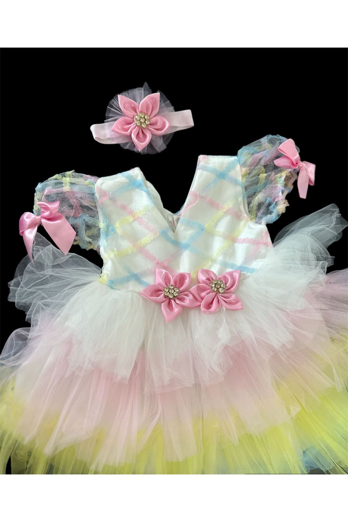 Ponpon Baby 1 yaş kız bebek renkli katkat tüllü prenses elbisesi doğum günü kıyafeti