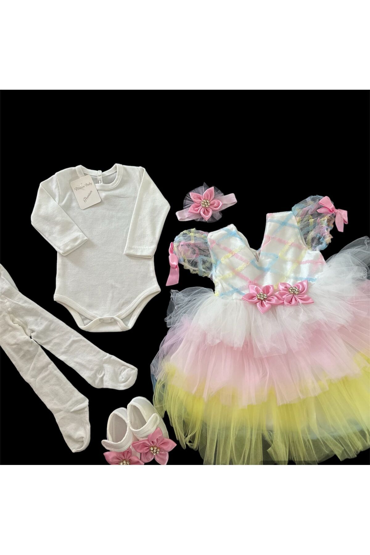 Ponpon Baby Kız bebek renkli katkat tüllü prenses elbisesi mevlüt elbisesi