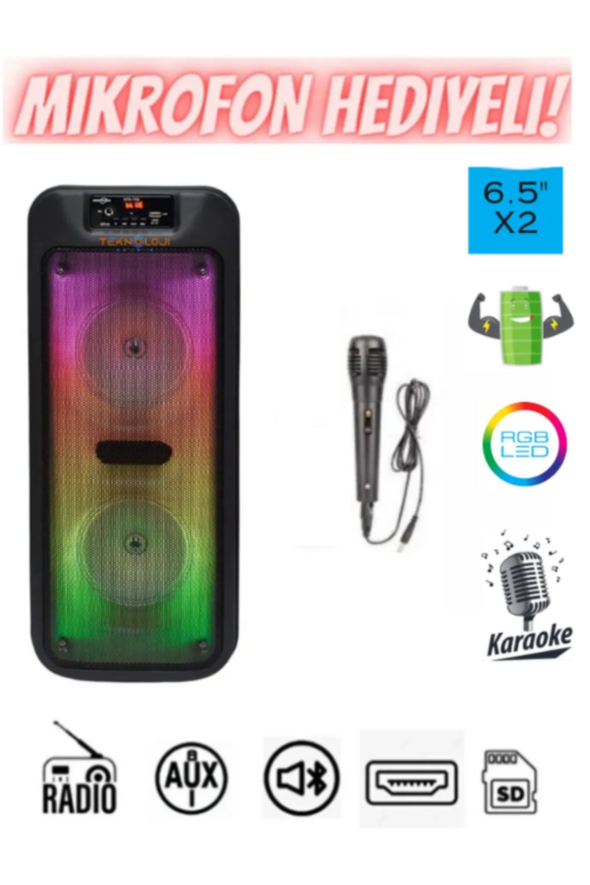 Teknoloji Gelsin Karaoke Kablosuz Hoparlör 6.5"X2 Büyük Boy Bluetooth Speaker Mikrofon Işıklı Parti FmRadyo Aux Usb