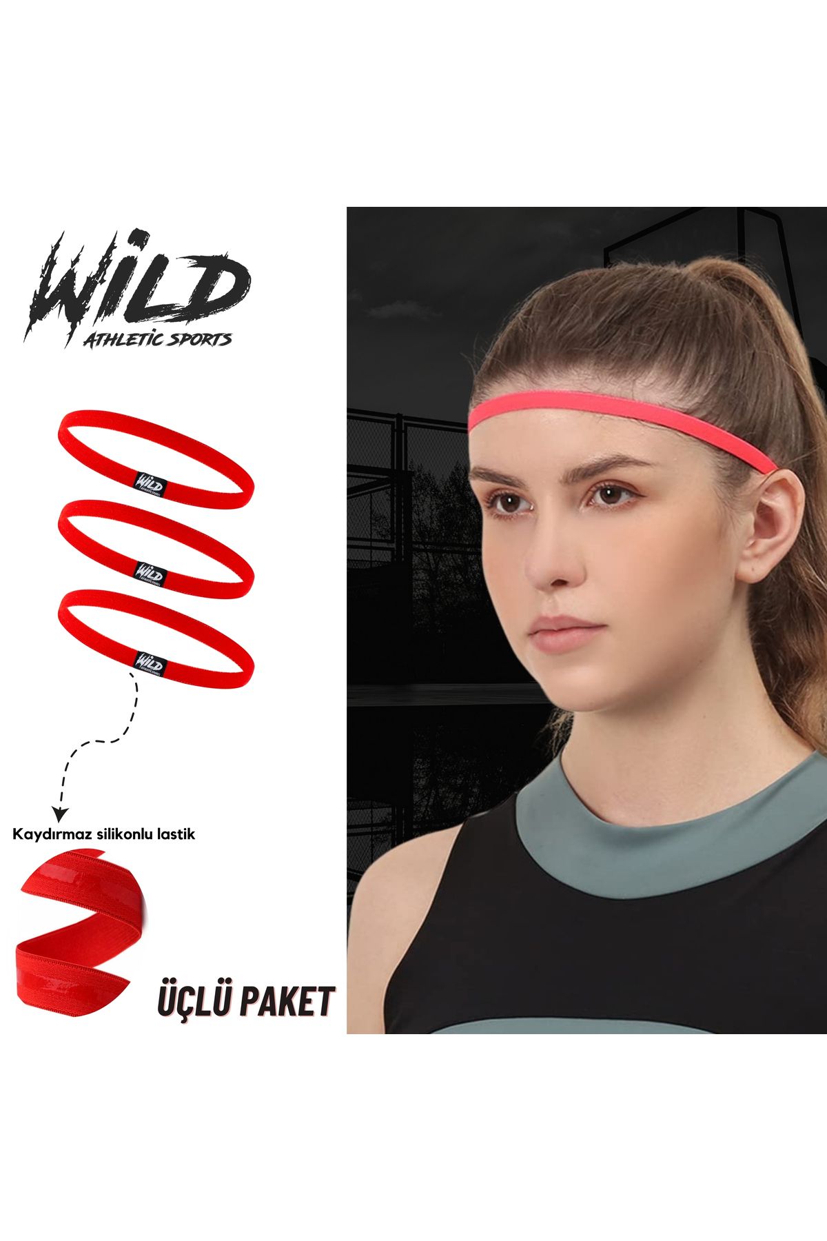 Wild Athletic Sports Kaydırmaz Spor Elastik Saç Bandı Tokası Kırmızı Tekli Wildflex
