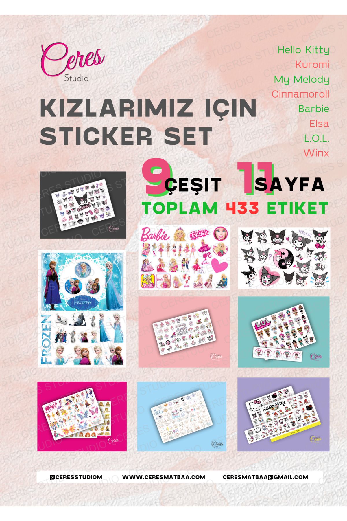 Ceres Studio Kızlar İçin Sticker Set 11 Syf 433 Etiket Hello Kitty Kuromi Cinnamoroll Melody Barbie Winx Elsa Lol
