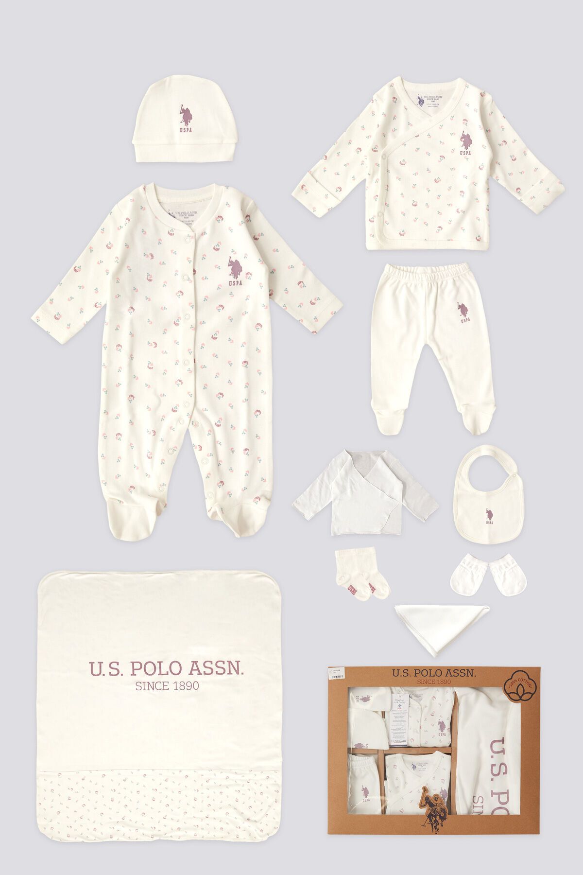 U.S. Polo Assn. U.S. Polo Assn Lisanslı Hastane Çıkışı Krem Kız Bebek Hastane Çıkış Seti 10lu