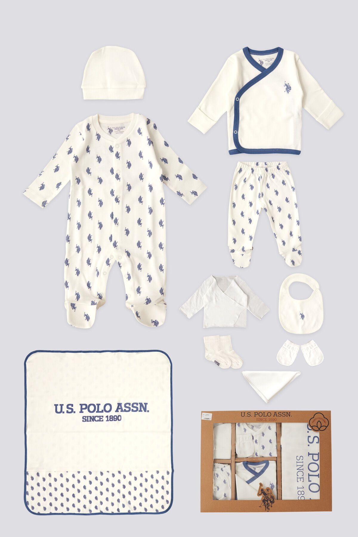 U.S. Polo Assn. U.S. Polo Assn Lisanslı Hastane Çıkışı Krem Erkek Bebek Hastane Çıkış Seti 10lu