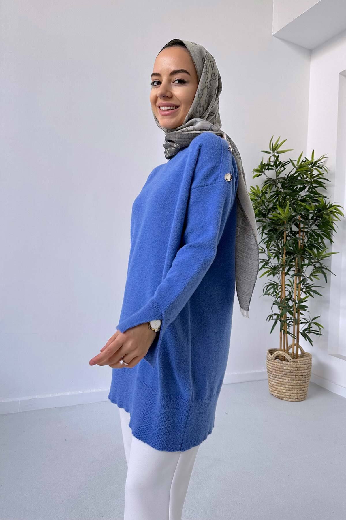 Ka Hijab Yumoş Düğmeli Tunik - Mavi