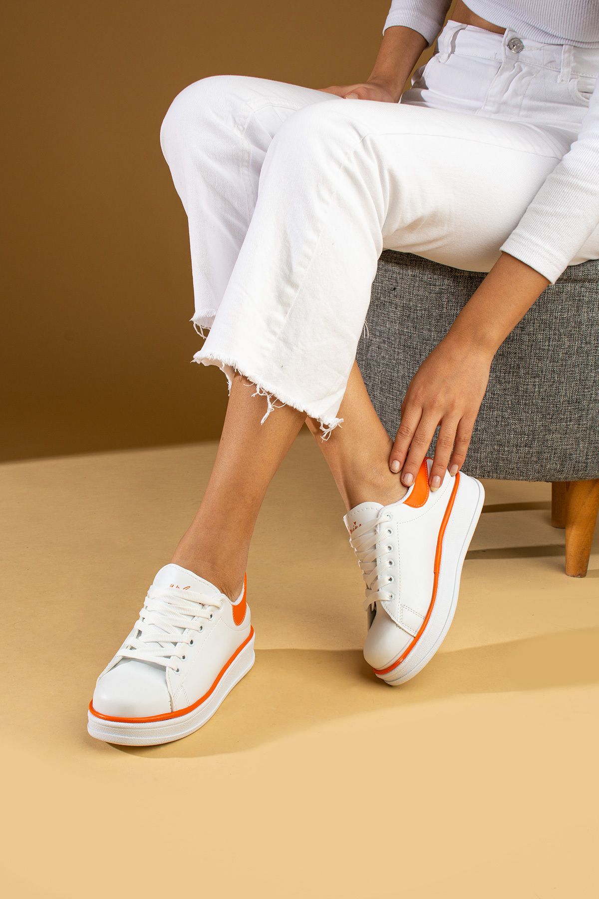 Pembe Potin Beyaz Turuncu Kadın Spor Sneaker Bağcıklı Günlük Rahat Taban Ayakkabı
