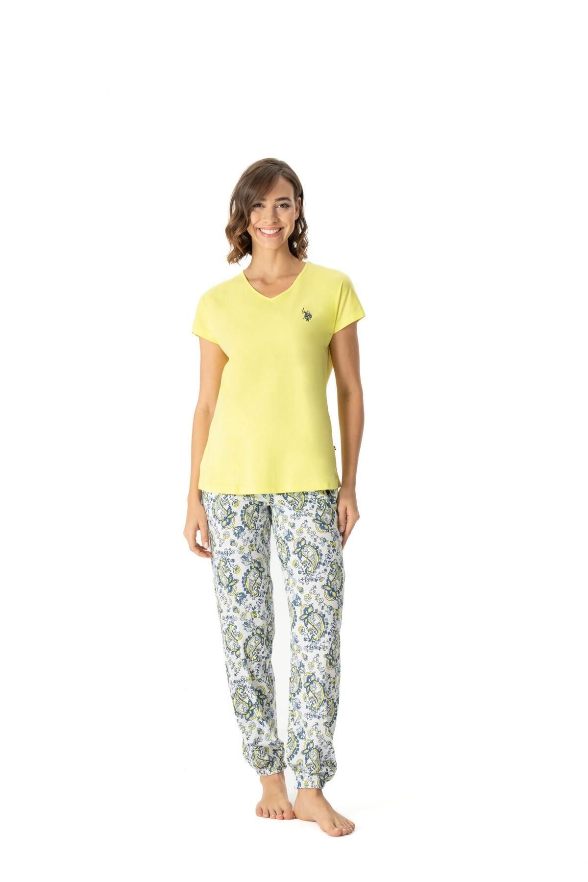 U.S. Polo Assn. Kadın Neon Sarı V Yaka Pijama Takımı 024Y.A1ST.R7A.P.0L1.US.8
