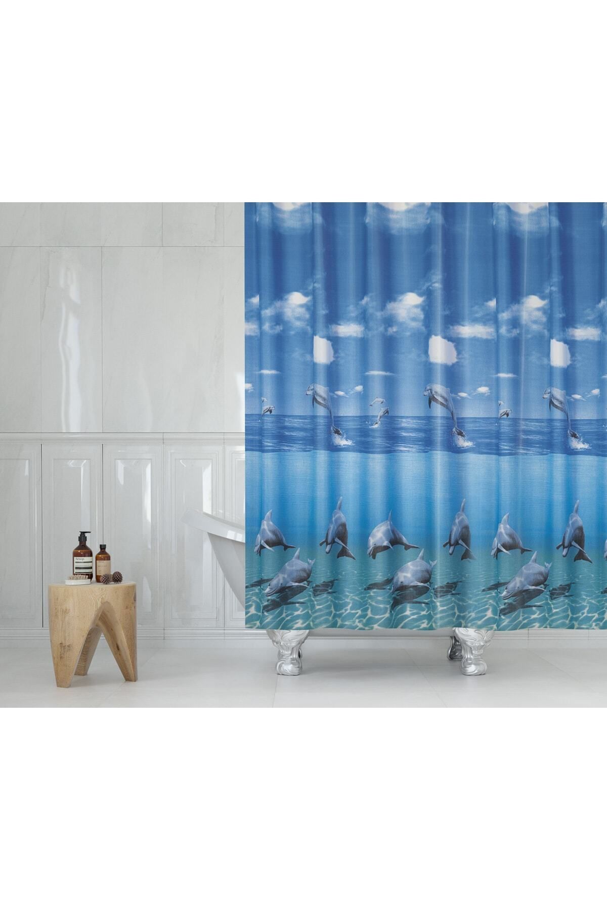 Tropikhome Mavi Yunus Desen Banyo Perdesi-mavi Renk Duş Perdesi, 180x200 Cm Küvet Perdesi