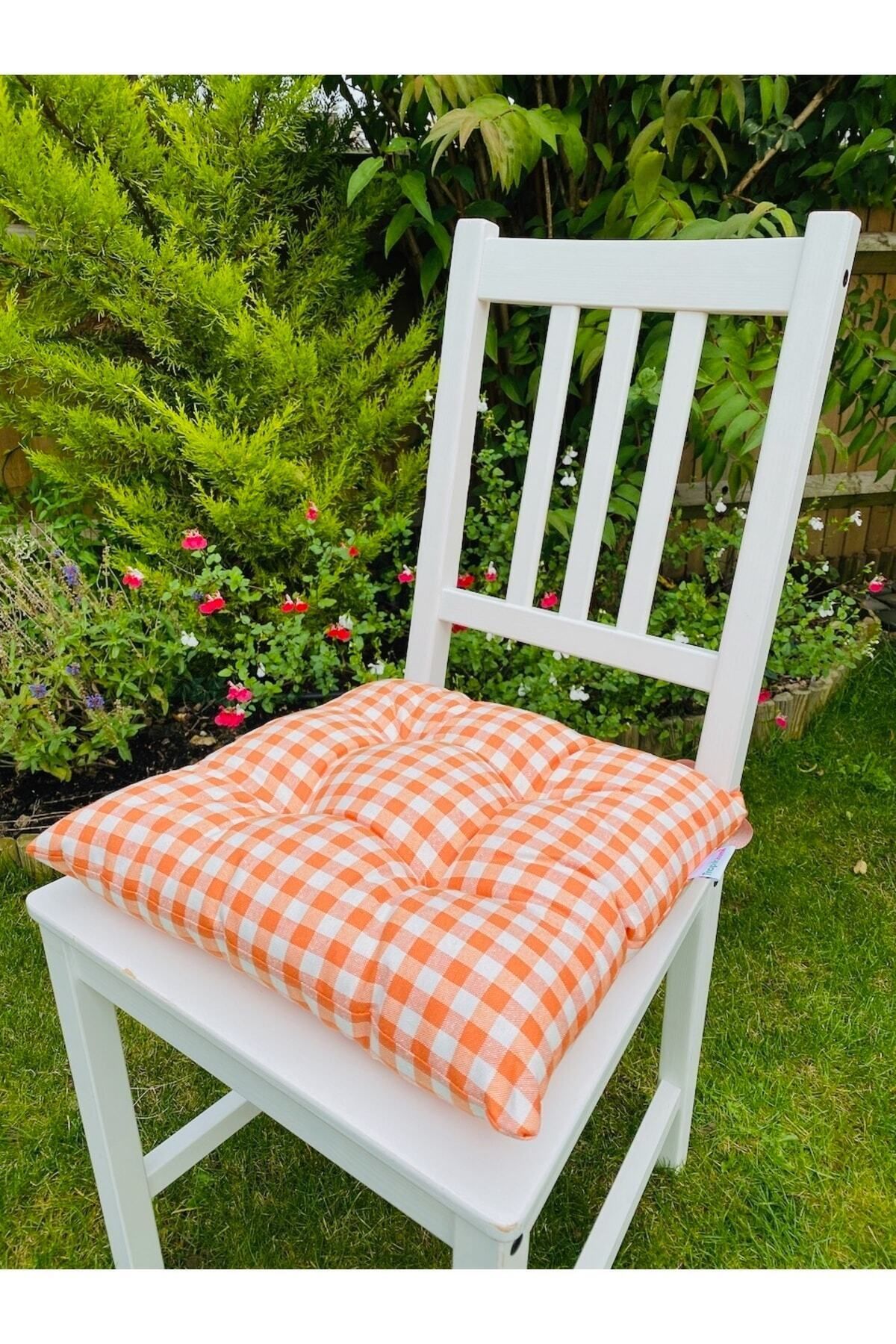 Tropikhome 6lı Ekose Turuncu Sandalye Minderi-dekoratif Minder Seti-40x40cm Kare Sandalye Minderi-sırt Minderi