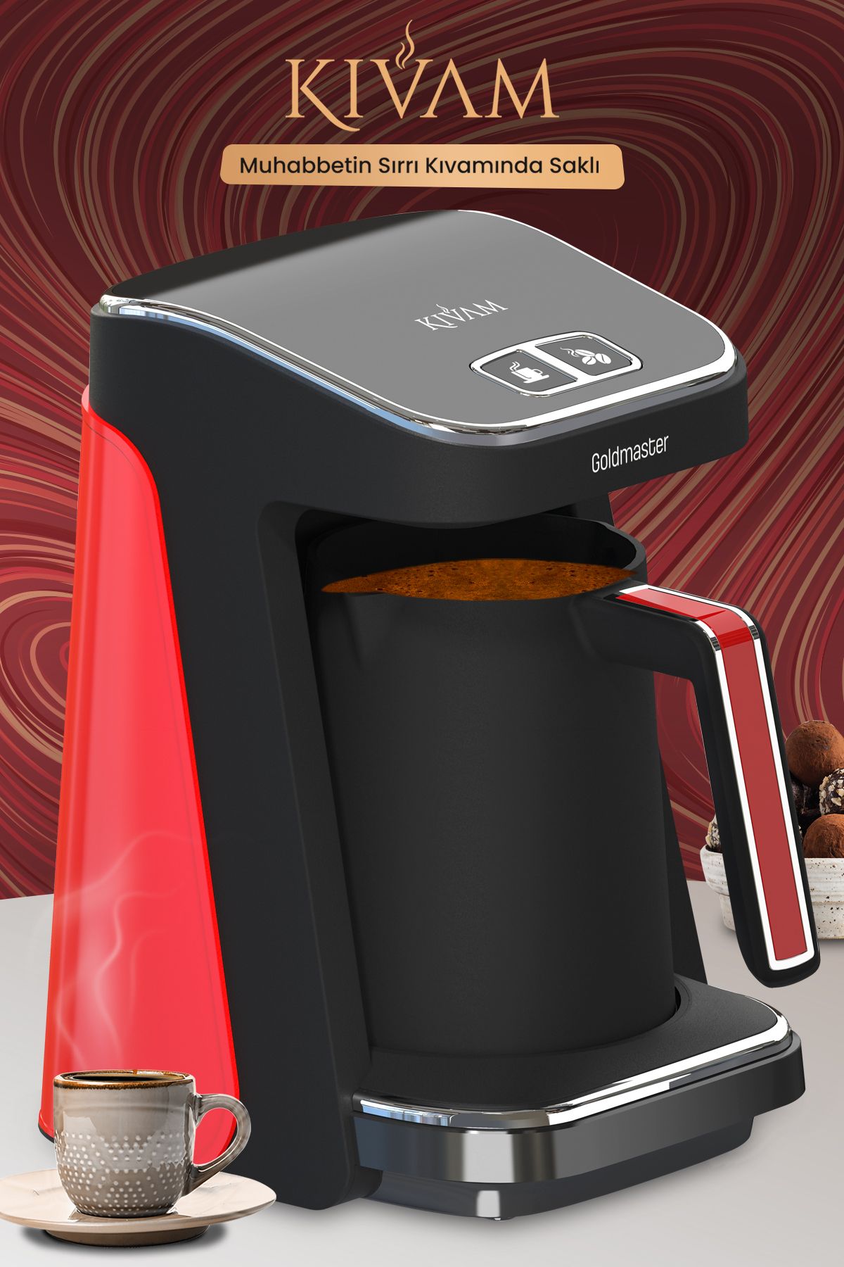 GoldMaster Kıvam Kırmızı Geniş Hazneli Akıllı Yerleştirme Patentli Türk Kahve Makinesi