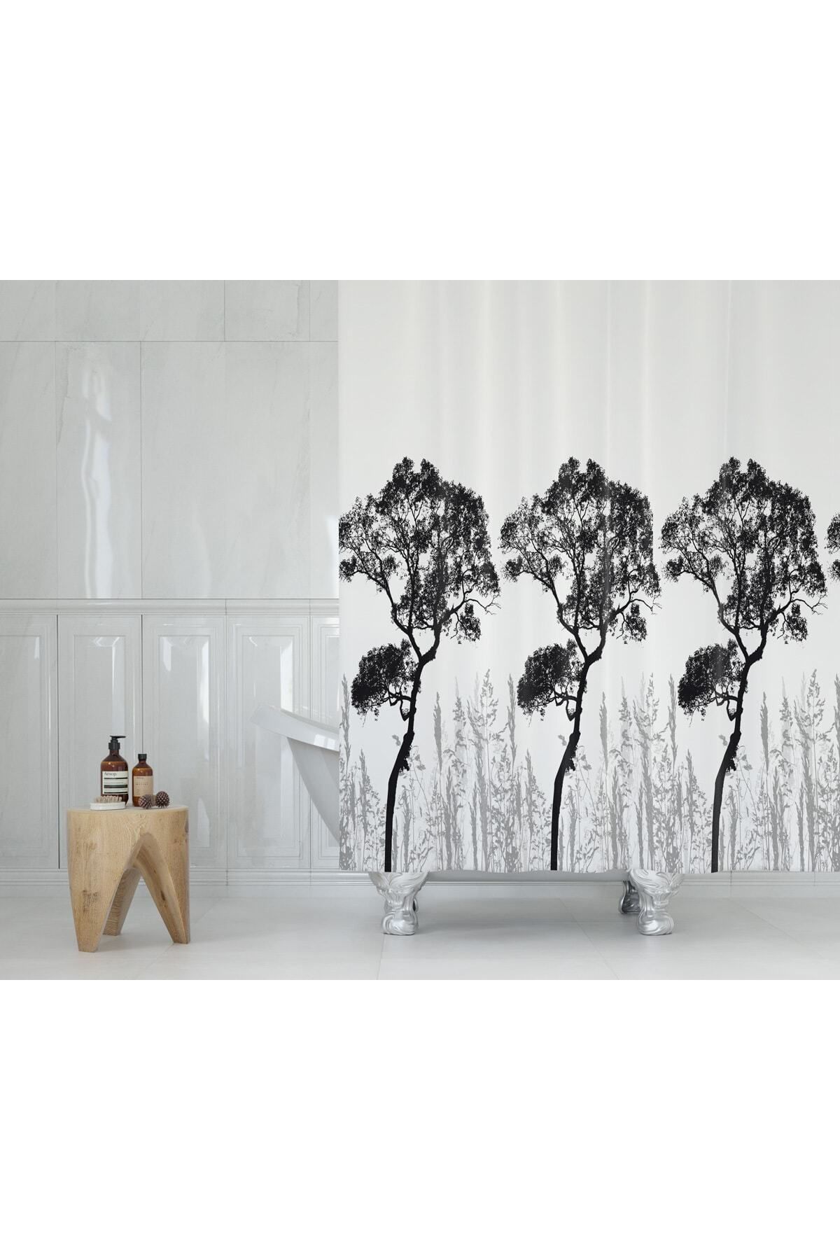 Tropikhome Ağaç Desen Banyo Duş Perdesi-beyaz Renk Duş Perdesi Ve Küvet Perdesi, 180x200 cm Lüx Banyo Perdesi