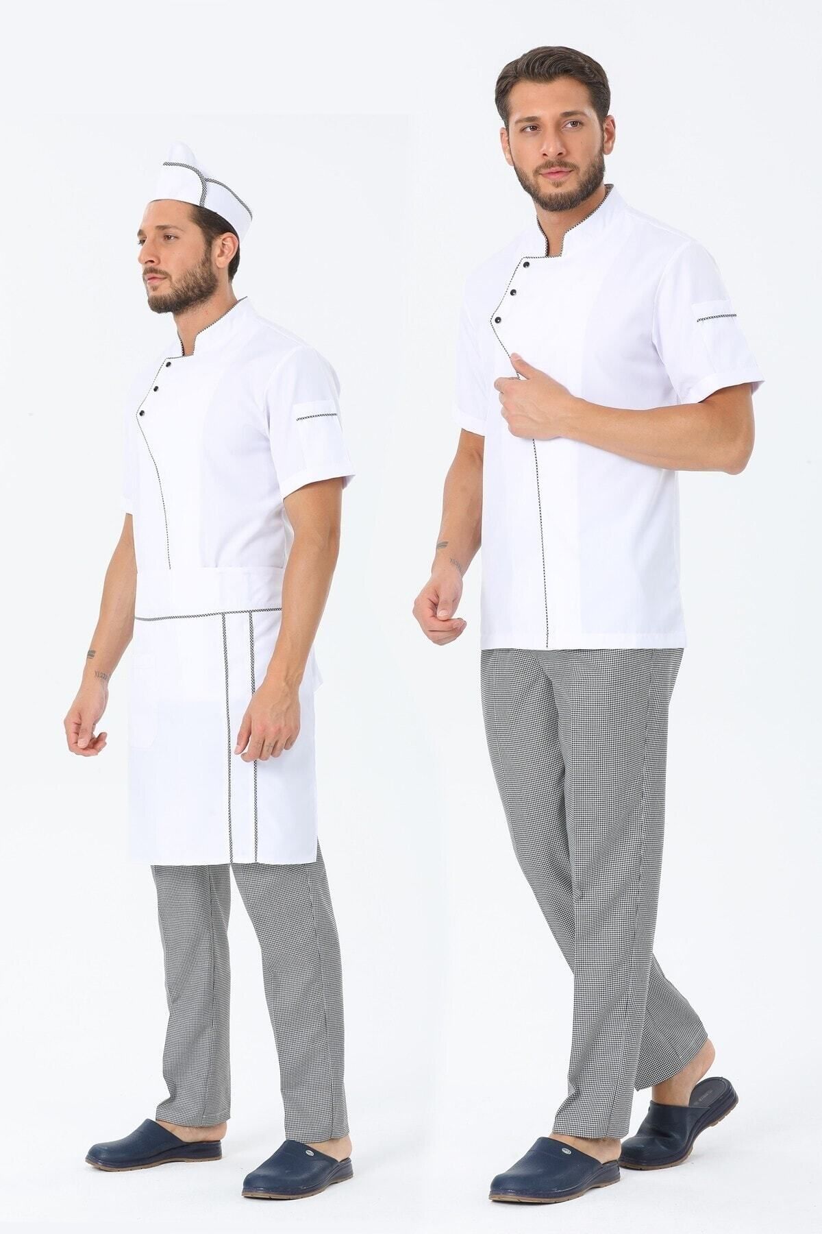 TIPTEKS Erkek Kısa Kol Beyaz - Pötikare Aşçı Ceket + Aşçı Pantolon + Bel Önlük Ve Kep Dörtlü Takım