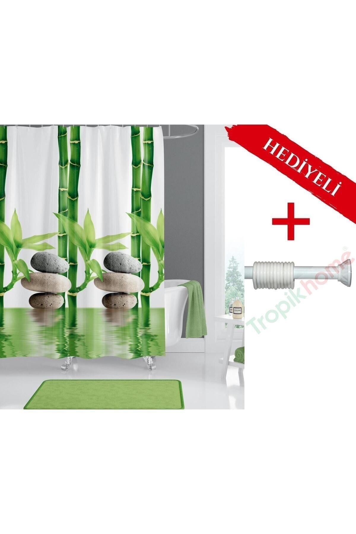 Tropikhome Bamboo Banyo Perdesi Askı Hediyeli 180x200cm Tek Kanat Duş Perdesi, Yeşil Banyo Duş Perdesi