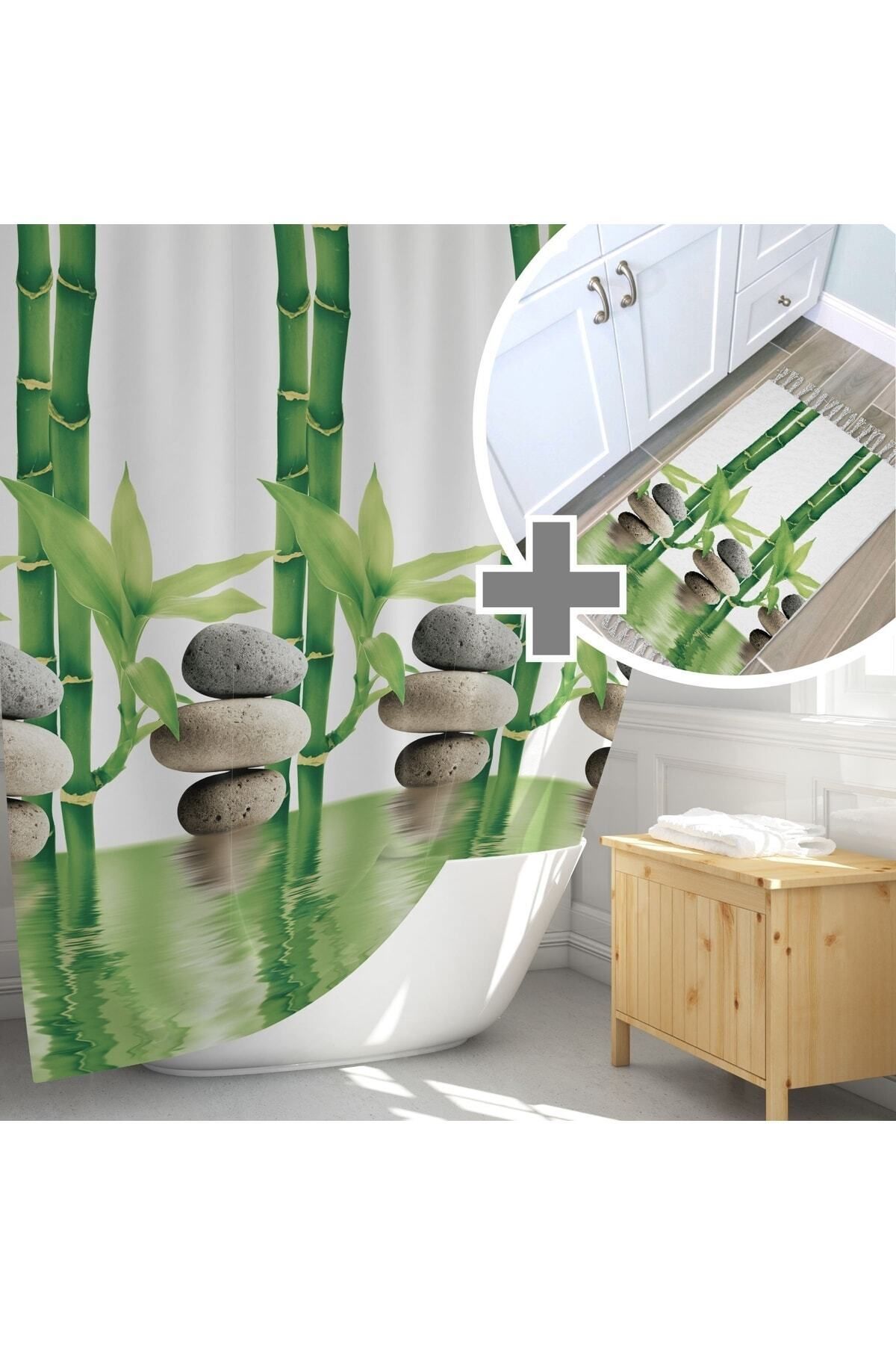 Tropikhome Yeşil Banyo Perdesi Ve Banyo Paspası Takımı, Tek Kanat Duş Perdesi Seti, Bamboo Banyo Perdesi Takımı