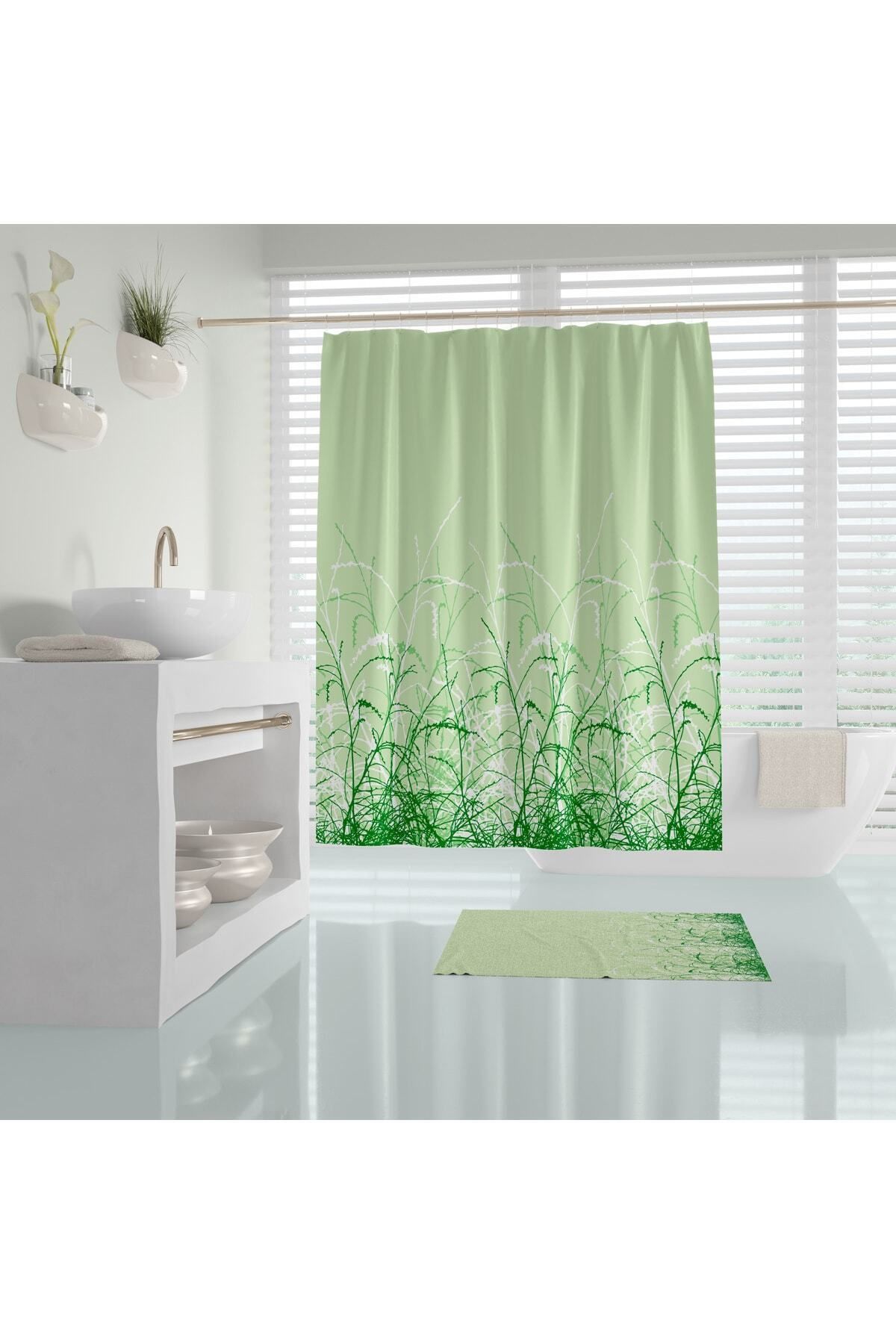 Tropikhome Yeşil Renk Duş Perdesi Dijital Baskılı 180x180banyo Perdesi Solmaz Duş Perde-su Geçirmez Banyo Perde