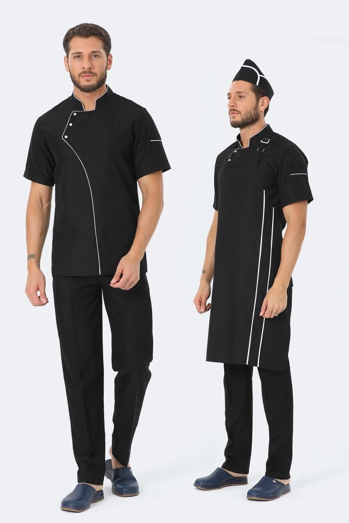 TIPTEKS Erkek Kısa Kol Siyah - Beyaz Aşçı Ceket + Aşçı Pantolon + Askılı Önlük Ve Kep Dörtlü Takım