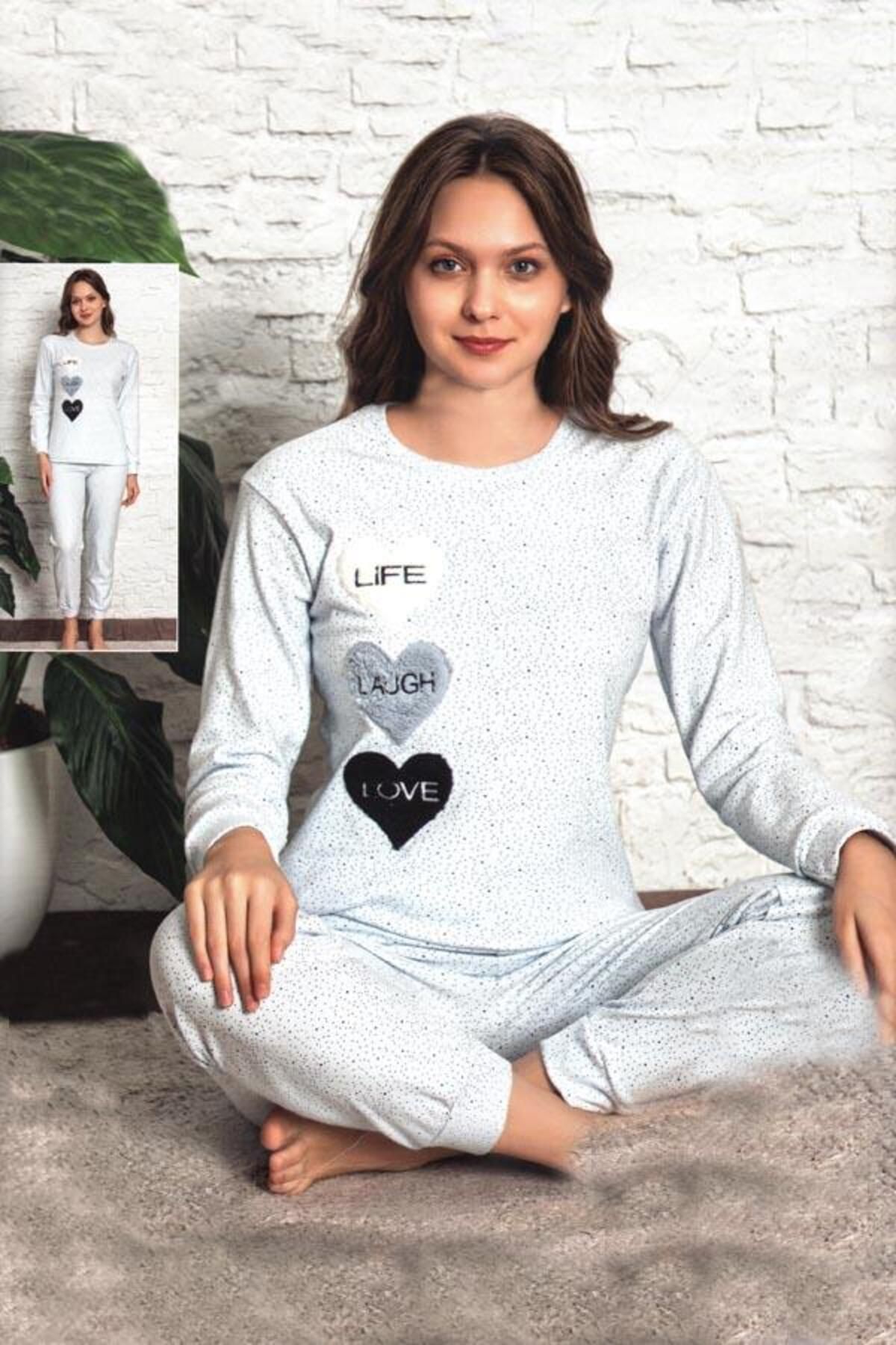 FAWN Kadın Puantiyeli Kalp Baskı Interlok Uzun Kol Manşetli Pijama Takımı (8240)